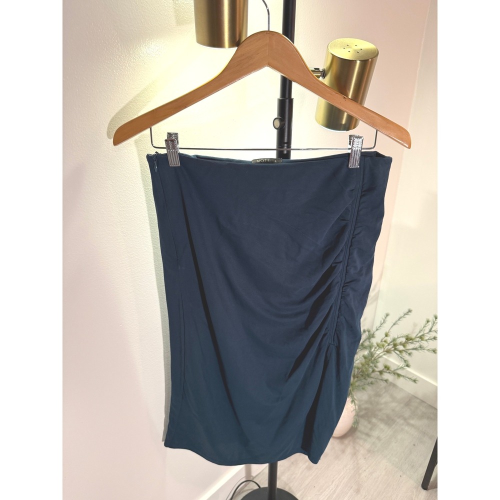 MOTF midi ruched slate blue elastic waist pull‎ on office vixen date night LG ec